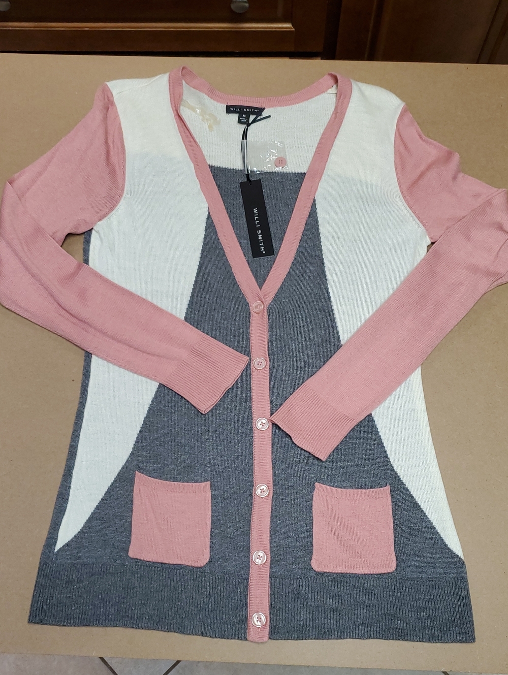 Willi Smith Pink, Gray & White Color Block Button-Front Lightweight Cardigan